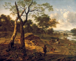 Paisaje vespertino boscoso con un cazador y perros