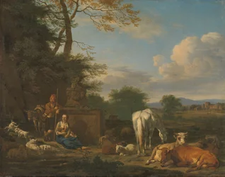 Paisaje arcádico con pastores y animales en reposo
