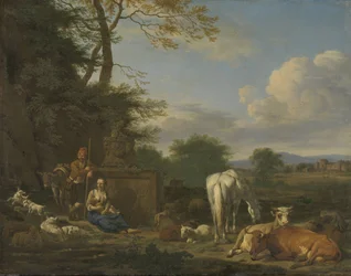 Paisaje arcádico con pastores y animales descansando, 1664
