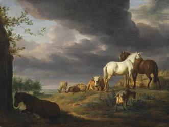Holandés: Paisaje con caballos y otros animales Paisaje con caballos y otros animales