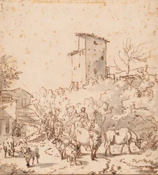 Paisaje italiano con personas y ganado
