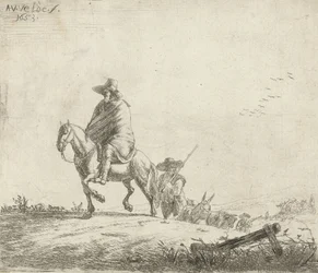 Jinete y pastor con ganado en un camino de tierra, 1653