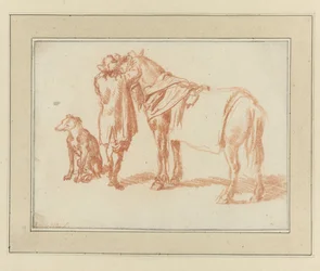 Jinete junto a un caballo y un perro