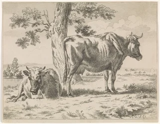 Dos vacas junto a un árbol (título de la serie) Vaca pastando junto a un árbol y dos ovejas