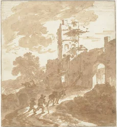Paisaje de estilo italiano con un camino que conduce a la puerta de la ciudad