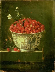 Fresas silvestres en un cuenco de porcelana Kraak Wanli chino, 1704