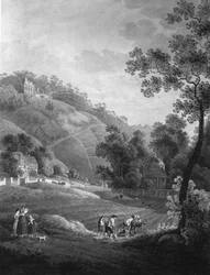 Vista hacia el Castillo de Pillnitz con el Jardín y la ruina artificial, alrededor de 1792