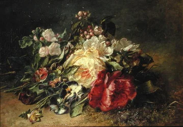 Bodegón con rosas y pensamientos