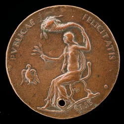 Felicitas sentada, sosteniendo espigas de maíz y agitando cornucopias [reverso]
