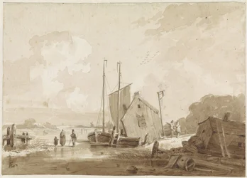 Escena invernal con figuras cerca de barcos en un cobertizo para botes