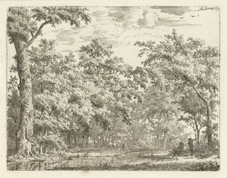 Dos figuras junto al agua en el bosque.