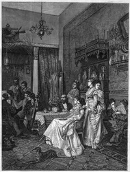 Concierto de aficionados en el estudio de un artista. Grabado después de la pintura de Adrien Moreau (1843-1906) en “El Universo Ilustrado”