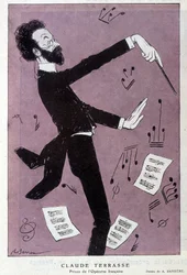 Caricatura de Claude Antoine Terrasse (1867-1925), compositor francés: Príncipe de la opereta francesa. En Fantasio. Dibujo de Barrère