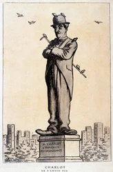 Charlot en estatua con inscripción en el pedestal: “A Charlot, la humanidad agradecida” (“Charlot no se divierte”) - dibujo de Barrère, en “Fantasio” del 01/07/1920
