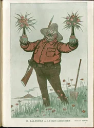 Ilustración de A Barrere (1874-1931) en "Fantasio", 01/06/15 - Sr. Salandra o el buen jardinero - Guerra del 14-18, Italia, Vino, Neutralidad, Flores, Erupciones volcánicas, Presidente del Consejo, Trieste - Salandra Antonio