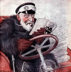 Retrato del Rey Eduardo VII de Inglaterra (1841 - 1910) conduciendo su coche. Dibujo de A. Barrère. “Lo sé todo”