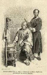 Un barbero en pleno trabajo. Grabado según el dibujo de A.Marie, para ilustrar el viaje a Pekín y el norte de China, por T.Choutze, en 1873, publicado en