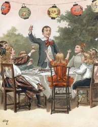 Un niño pronuncia un discurso , niños chocando vasos, ilustración de Adrien Marie en el libro Tout a la joie de Zari, Emile Guerin publicación 1890