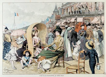 Una playa elegante. Damas encantadoras con sus hijos entre una multitud entretenida en una playa en Francia. Grabado de Adrien Marie