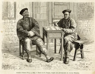 Jugadores de ajedrez. Grabado según un dibujo de A.Marie, para ilustrar el viaje a Pekín y el norte de China, por T.Choutze, en 1873, publicado en 