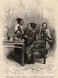 Dama china en su aseo. Grabado según un dibujo de A.Marie, para ilustrar el viaje a Pekín y el norte de China, por T.Choutze, en 1873, publicado en 