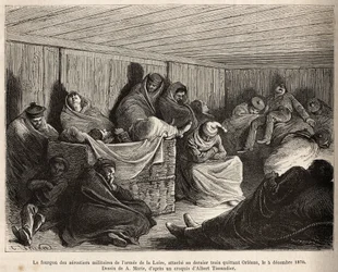 El interior del vagón de los aerostáticos militares de los ejércitos del Loira, todos dormidos, atados al último tren que sale de Orleans el 5 de diciembre de 1870, grabado según un dibujo de A.Marie ilustrando un estudio sobre naufragios aéreos, por Gasto