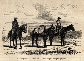 Fotógrafos de la misión geológica estadounidense, a caballo, material cuidadosamente embalado y listo para una nueva etapa, grabado según el dibujo de A. Marie, que ilustra una serie de misiones geográficas por el Parque Nacional de los Estados Unidos, de