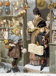 Niña pobre vendiendo pequeños ramos a la salida de una tienda de juguetes donde salen ricos (¿compras de Navidad?) - dibujo de Adrien Marie