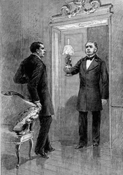 Representación teatral: 4to acto de "Jean Baudry" por Auguste Vacquerie (1819-1895) con Gustave Hippolyte Worms (1836-1910) (Olivier), Edmond Got (1822-1901) (Jean Beaudry). París, Comédie Française