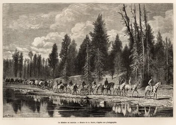 Toda la misión geográfica en ruta hacia el monte Hayden, a lo largo del río Henri, grabado según un dibujo de A. Marie, que ilustra una serie de misiones geográficas por el Parque Nacional de los Estados Unidos de 1870 a 1872, de los señores Hayden, Doane