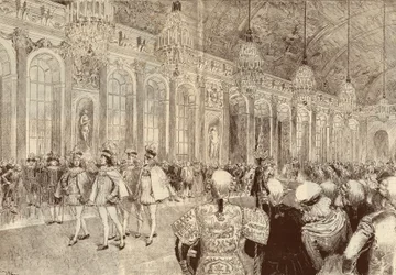 La procesión de los caballeros de la Orden del Espíritu Santo en la galería de hielo del castillo de Versalles el día de Pentecostés en 1789. Dibujo de Adrien Marie de 1889.