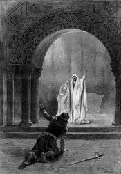 Representación teatral: “Garin” de Paul Delair (1842-1894) con Henri Maubant (1821-1908) (Herbert), Adeline Dudlay (Aischa) y Jean Sully Mounet dit Mounet Sully (Mounet-Sully) (1841-1916) (Garin). París, Comédie Française