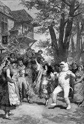 Representación teatral: "El árbol de Navidad" por Eugène Letterier (1843-1884), Albert Vanloo (1846-1920) y Arnold Mortier (1843-1885). Pintura del luchador de osos con Zulma Bouffar (Madeleine Boufflar)