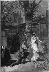 Representación teatral: “El rey se divierte” de Victor Hugo (1808-1883). Acto II escena 5: la casa de Triboulet, Rey Francisco I (Mounet Sully (o Mounet Sully) 1841-1916) a los pies de Blanche (Julia Bartet)