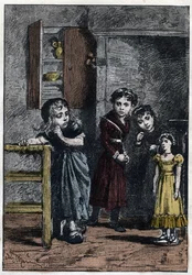 Las dos hijas de Thenardier, Eponine y Azelma, miran a Cosette, que recibió la muñeca Catherine - Ilustración de Adrien Marie (1848-1891) para «Los miserables - Segunda parte: Cosette» de Victor Hugo (1802-1885), 1862