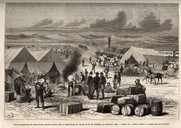 Vista del campamento de Black Buttes, última estación en el desierto rojo (desierto de Mojave) del Ferrocarril del Pacífico, en septiembre de 1868, grabado después del dibujo de A. Marie, ilustrando el viaje de Washington a San Francisco, en 1868, por L. S