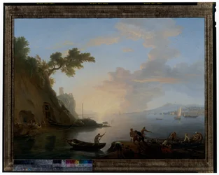 Costa napolitana con pescadores al amanecer