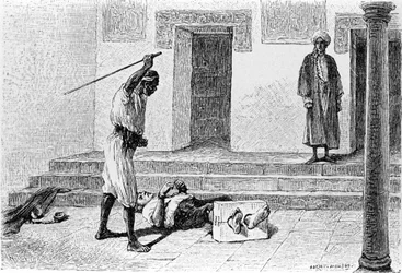Grabado de Adrien Moreau (1843-1906) ilustrando “Cándido” de François Marie Arouet, conocido como Voltaire (1694-1778)