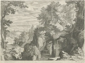 Paisaje de montaña con un ermitaño.