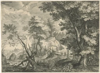 Paisaje forestal con puente de madera. Paisajes de montaña del Tirol (título de la serie)