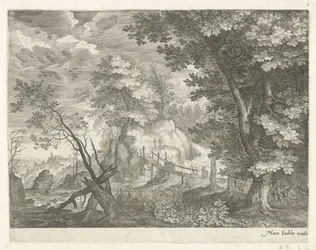 Paisaje forestal con puente de madera
Paisajes de montaña del Tirol (título de la serie)