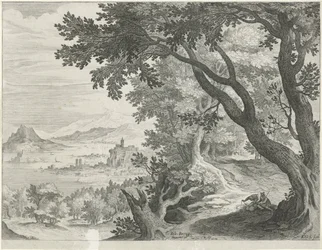 Paisaje con dos figuras debajo de un árbol.