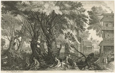 Cazadores descansando cerca de un grupo de árboles. Ocho paisajes de Bohemia (título de la serie)