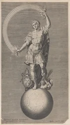 Figura alegórica de un guerrero de pie sobre un globo con el escudo papal