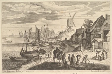 Escena costera con un molino de viento