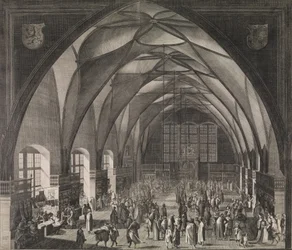 Vista interior del Salón Vladislav en el Castillo de Praga durante la feria anual, 1607