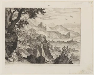 Paisaje montañoso con El Descanso en la Huida a Egipto