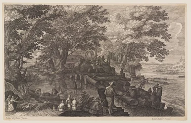 Escena uno: Molino de agua en una isla en un río con hombres pescando, de Ocho escenas de Bohemia