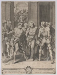 La flagelación de Cristo, con azotadores a ambos lados y figuras observando desde un balcón, 1593