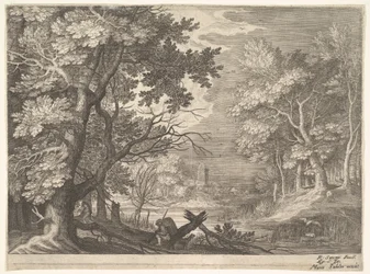 Escena de bosque con bancos pantanosos, dos hombres y un perro de perfil a la izquierda, ca. 1600